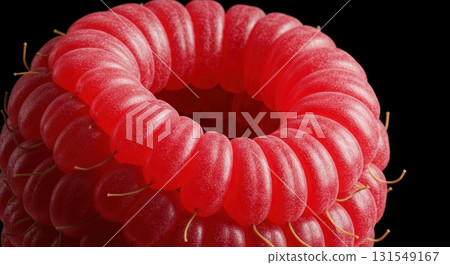 Close up macro photo of a single fresh red raspberry showing detailed texture on black background 131549167