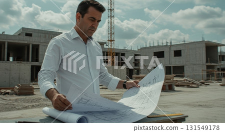 Professional architect reviewing building blueprints at a modern construction site Professional architect reviewing building blueprints at a modern construction site 131549178