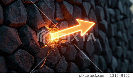 Glowing orange arrow breaking through a dark stone wall, symbolizing breakthrough and overcoming obstacles 131549192