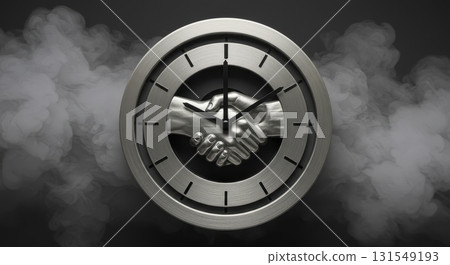 Futuristic clock with handshake hands on a brushed steel face, surrounded by gray smoke. Futuristic clock with handshake hands on a brushed steel face, surrounded by gray smoke. 131549193