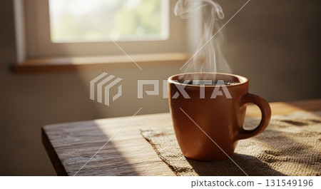Steaming cup of coffee on a rustic wooden table in cozy morning light 131549196