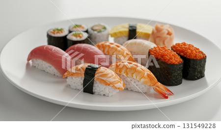 Fresh sushi platter featuring various nigiri, maki rolls, and ikura gunkan on a white plate 131549228