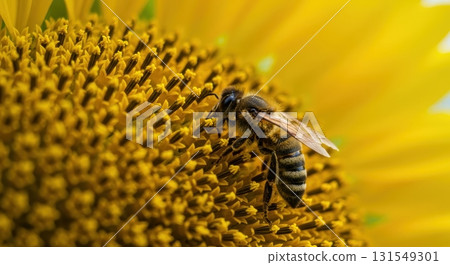Close up macro shot of a honeybee collecting pollen on a vibrant yellow sunflower. Close up macro shot of a honeybee collecting pollen on a vibrant yellow sunflower. 131549301