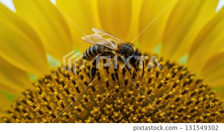 Macro shot of a honeybee collecting pollen on a vibrant yellow sunflower in bloom Macro shot of a honeybee collecting pollen on a vibrant yellow sunflower in bloom 131549302