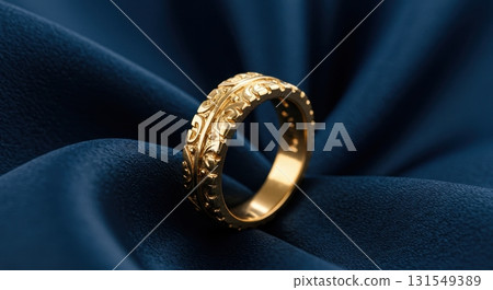 Close up of an ornate gold ring with intricate engravings on a luxurious blue satin cloth 131549389