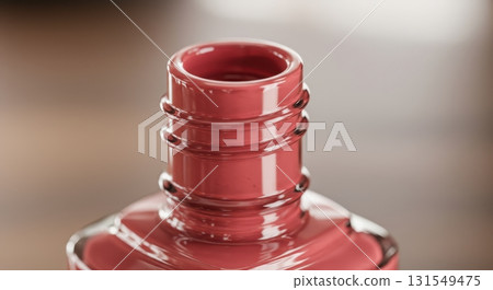 Close up of a vibrant coral pink nail polish bottle with glossy finish and screw threads 131549475
