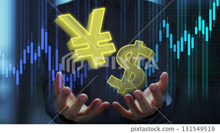 Image of a strong yen and a weak dollar. Dollar and yen symbols and candlestick chart. Exchange rates in financial markets. ¥ and $ symbols Image of a strong yen and a weak dollar. Dollar and yen symbols and candlestick chart. Exchange rates in financial markets. ¥ and $ symbols 131549519