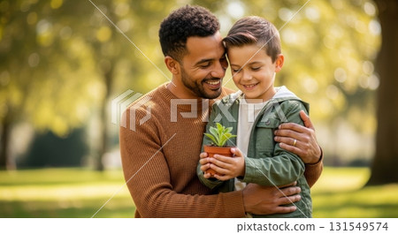 Smiling father and son embracing in a park, holding a small potted plant together 131549574