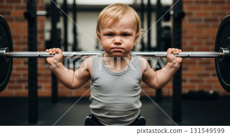 Determined toddler with a furrowed brow attempting to lift a barbell in a modern gym Determined toddler with a furrowed brow attempting to lift a barbell in a modern gym 131549599