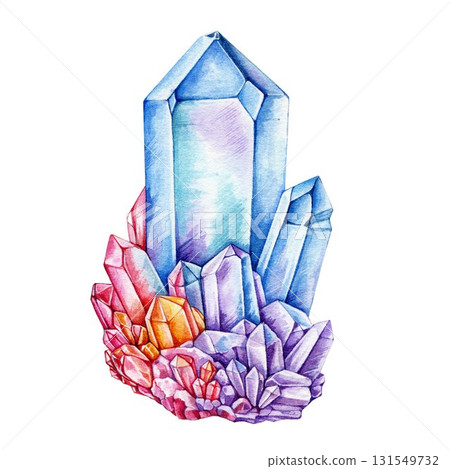 Watercolor illustration of bright colorful crystal mineral cluster. Hand drawn vibrant shiny gemstone minerals element on isolated on white background 131549732