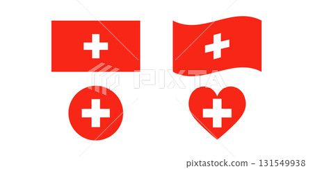 Variations of the Swiss flag design a rectangular flag, a waving flag, and a heart shaped flag. Variations of the Swiss flag design a rectangular flag, a waving flag, and a heart shaped flag. 131549938