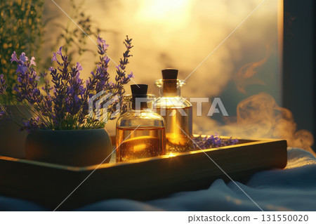 serene wooden tray holds glass bottles of essential oils and lavender flowers, creating calming serene wooden tray holds glass bottles of essential oils and lavender flowers, creating calming 131550020