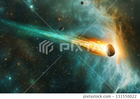 Asteroids drifting through space, glowing with fiery trails and cosmic dust Asteroids drifting through space, glowing with fiery trails and cosmic dust 131550022