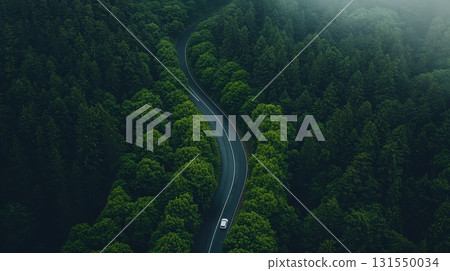 Aerial View of a White Car on a Scenic Road Aerial View of a White Car on a Scenic Road 131550034
