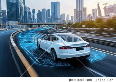 Modern Car Driving Through Tech-Inspired City Scene 131550036