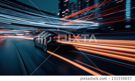 Futuristic Car Driving Through Neon City Streets Futuristic Car Driving Through Neon City Streets 131550037