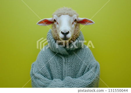 Sheep Wearing Soft Blue Sweater Against Bright Background Sheep Wearing Soft Blue Sweater Against Bright Background 131550044