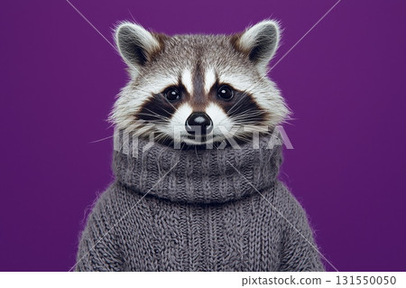 Raccoon in Gray Sweater Against Vivid Background 131550050