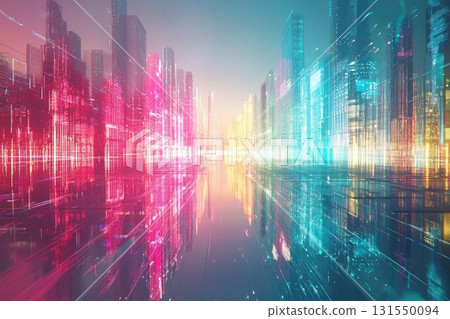 A Futuristic Cityscape with Vibrant Neon Lights Reflecting on Water, Creating an Ethereal Atmosphere of Modern Urban Development at Dawn 131550094