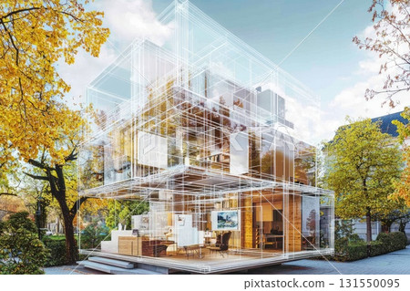 Modern Architectural Design Concept Featuring Transparent Structure Surrounded by Lush Greenery and Autumn Trees Capturing the Essence of Innovation and Nature Integration 131550095