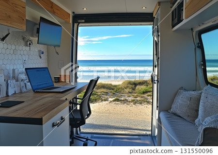 Cozy Van Interior with Scenic Ocean View, Perfect for Travel Enthusiasts and Remote Workers Seeking Inspiration and Comfort by the Beach 131550096