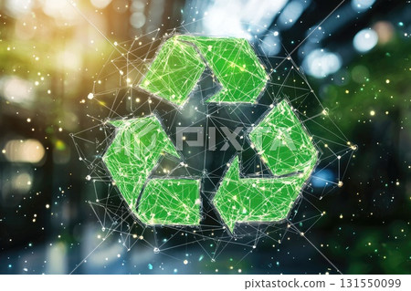 Modern Digital Illustration of Green Recycling Symbol with Connected Lines and Dots Over Blurred Natural Background Representing Sustainability and Eco-Friendly Practices 131550099