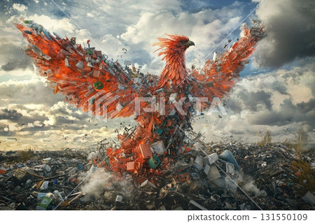 A Surreal Phoenix Rising from a Mountain of Waste, Made of Plastic and Trash, Symbolizing Environmental Challenges and the Need for Sustainability A Surreal Phoenix Rising from a Mountain of Waste, Made of Plastic and Trash, Symbolizing Environmental Challenges and the Need for Sustainability 131550109