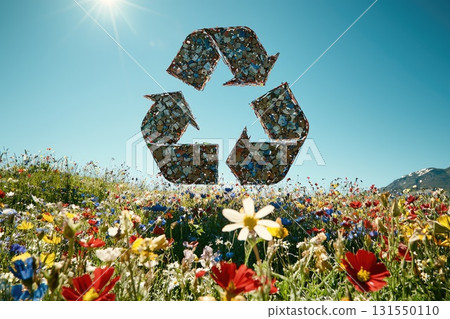 Vibrant Nature Scene with Recycled Materials Forming the Recycle Symbol Against a Backdrop of Colorful Wildflowers and Clear Blue Sky, Highlighting Environmental Awareness 131550110