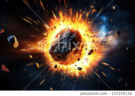 Massive Asteroid Explodes in Dark Space Scene Massive Asteroid Explodes in Dark Space Scene 131550138