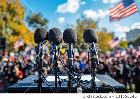 Podium with Microphones and US Flag Background 131550146
