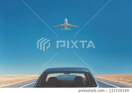 Car View with Airplane in Clear Sky 131550149