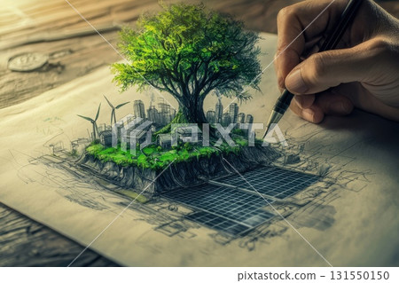 Urban Sustainability Concept Sketch with Green Elements Urban Sustainability Concept Sketch with Green Elements 131550150
