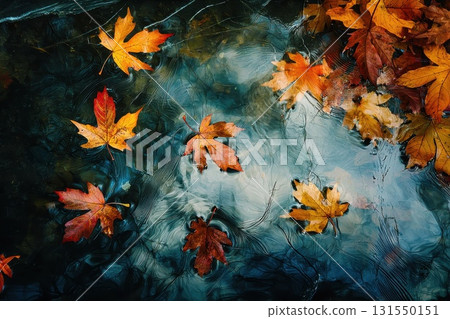 Swirling Maple Leaves on Water Surface 131550151