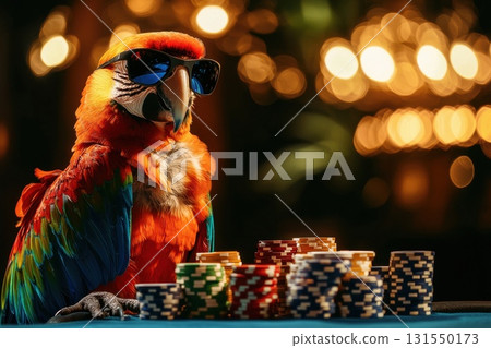 Colorful Parrot in Sunglasses at Casino Table 131550173