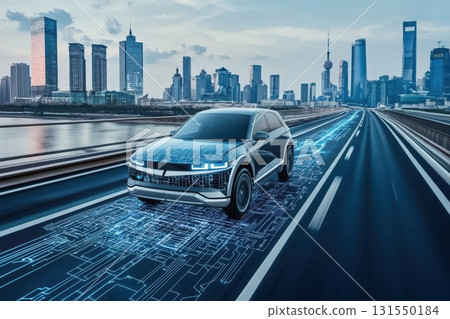 Futuristic Car Driving Through a High-Tech Cityscape 131550184