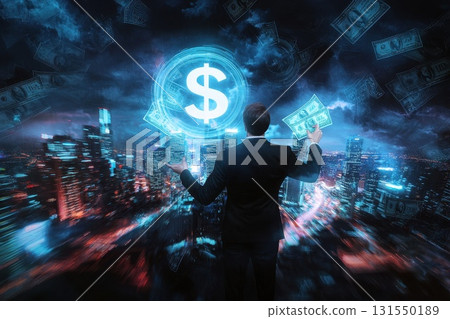 Businessman in Double Exposure with Dollar Symbols 131550189