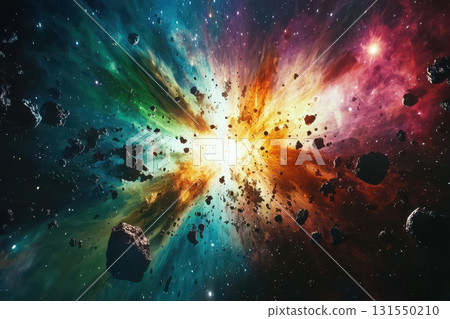 stunning view of deep space with colorful explosions and asteroids stunning view of deep space with colorful explosions and asteroids 131550210