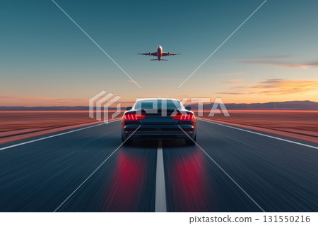 car on road with airplane flying above at sunset 131550216