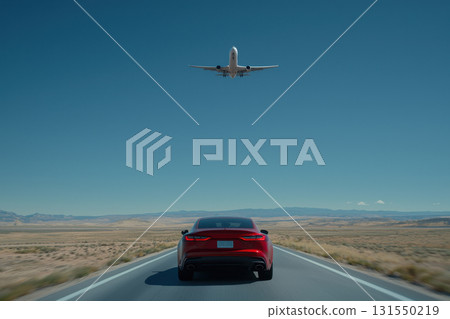 car driving on road with airplane flying overhead in clear sky 131550219