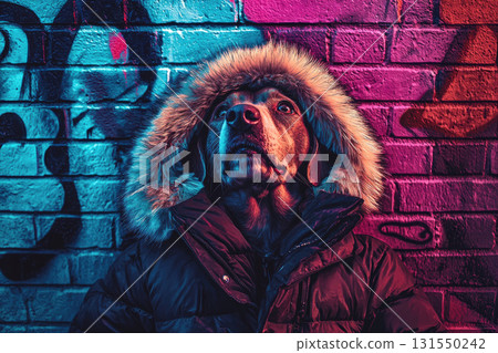 dog in fur lined parka poses against colorful graffiti wall 131550242