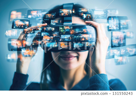 Immersive experience with augmented reality glasses showcasing digital content Immersive experience with augmented reality glasses showcasing digital content 131550243