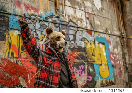 bear in plaid coat confidently posing against graffiti bear in plaid coat confidently posing against graffiti 131550244