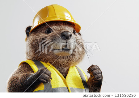 Beaver in yellow safety vest and helmet, ready for work 131550250
