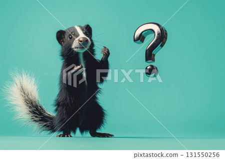 Curious skunk with question mark on vibrant background 131550256