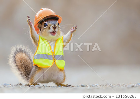 cheerful squirrel wearing hard hat and safety vest, celebrating joyfully 131550265
