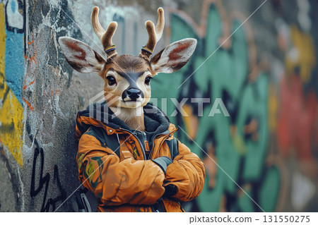 cute deer in warm jacket dabbing against colorful graffiti cute deer in warm jacket dabbing against colorful graffiti 131550275