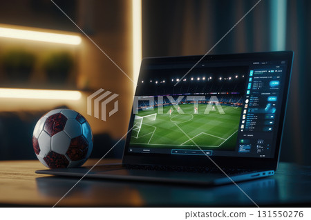 laptop displaying soccer game with ball nearby, creating excitement laptop displaying soccer game with ball nearby, creating excitement 131550276