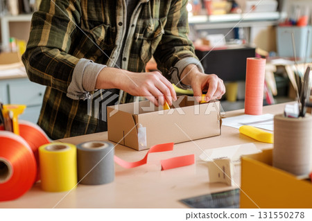 person carefully assembling cardboard box with colorful tape and materials 131550278