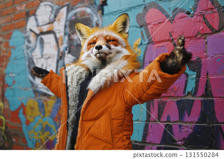 fox wearing thick fur lined coat poses playfully against colorful wall 131550284