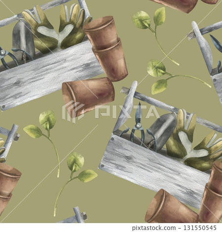 Garden wooden box with shovel,shears and gloves tools, pots and green seeding watercolor seamless pattern on green. Hand drawn background with rustic gardening hobby clipart for textile, fabric design 131550545